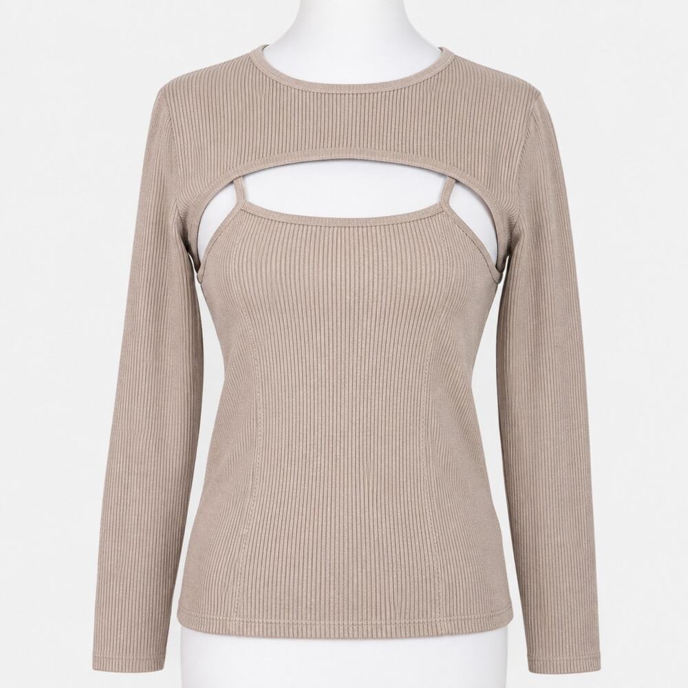 Crescent Beige Ribbed Knit Shrug Tank Top Set Women's Medium M 2 Piece